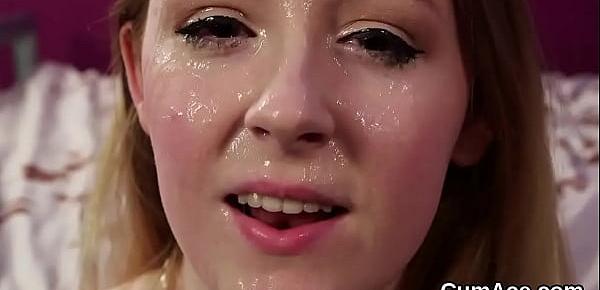  Feisty bombshell gets jizz shot on her face swallowing all the load